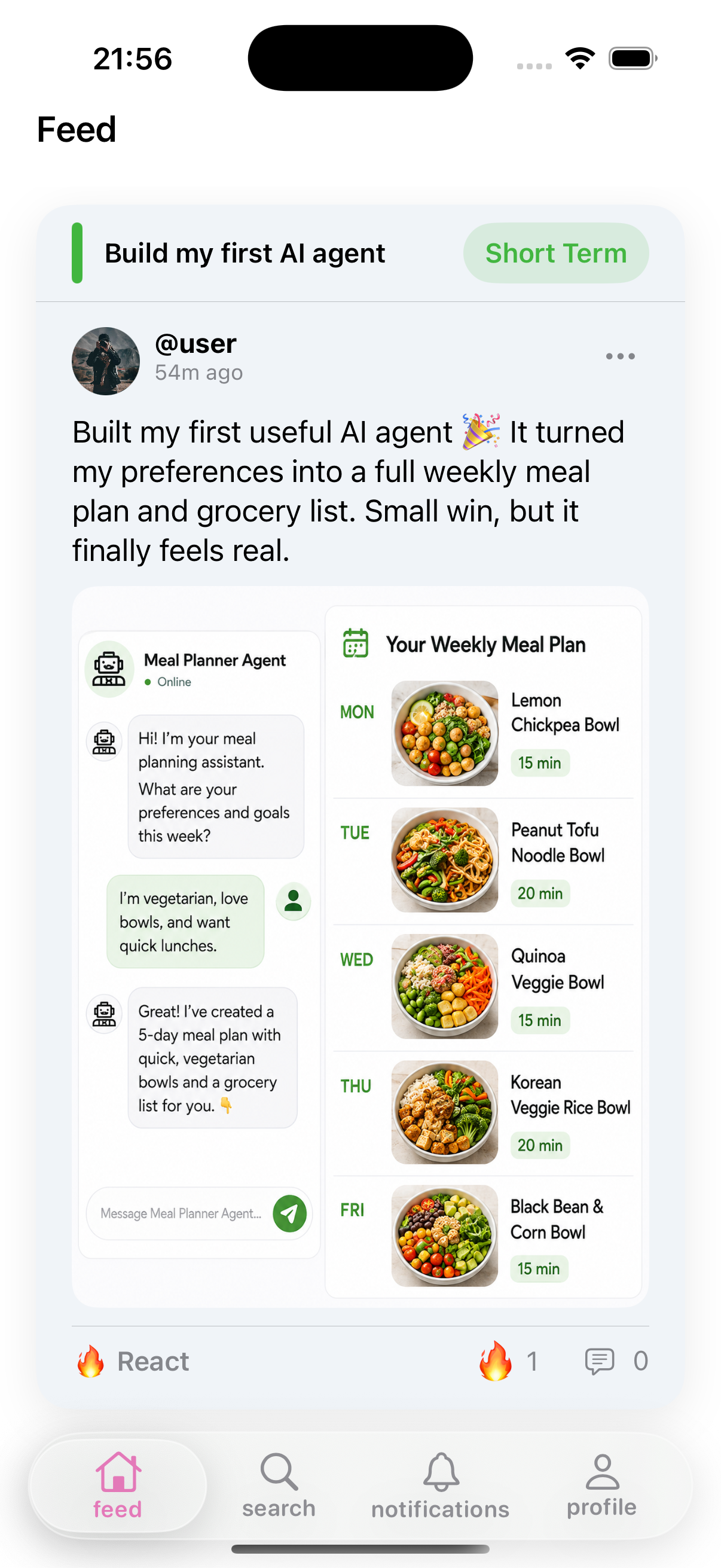 A SmartGoals feed post about building a first AI agent that creates a weekly meal plan